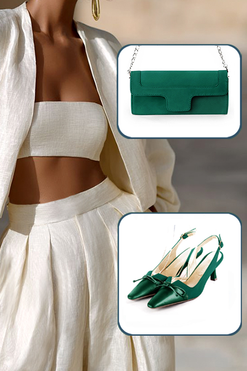 Dress slingback bow heels in emerald green leather with medium spool heels and tapered toe - Top view